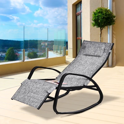 Outsunny Patio Adjustable Textilene Rocking Lounge Chair Zero Gravity Rocker Outdoor Recliner Seat w/ Pillow, Footrest