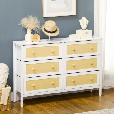 HOMCOM Cómoda Moderna com 6 Gavetas de Tecido Dobráveis  com Superfície de Vime PE e Estrutura de Aço 120x30x83 cm Branco