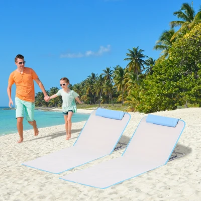 Outsunny 2 Pieces Outdoor Lounger Beach Mat Patio Steel Reclining Chair Set w/ Pillow Sunbath Beige