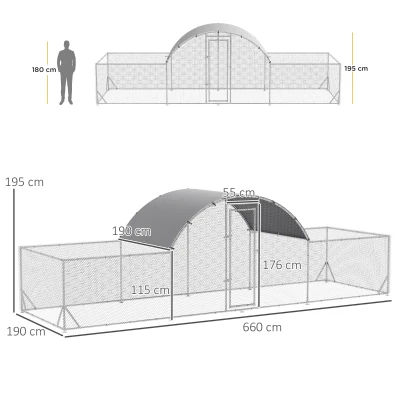 PawHut Cotet de Gaini pentru Gradina pentru 12-14 Gaini, din Otel Zincat si PE cu Copertina si Incuietoare, 600x190x195 cm, Gri Argintiu(m-3)
