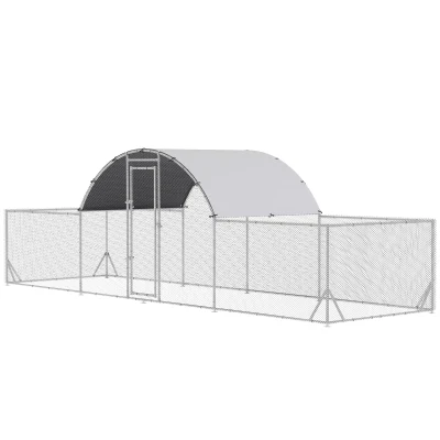 PawHut Cotet de Gaini pentru Gradina pentru 12-14 Gaini, din Otel Zincat si PE cu Copertina si Incuietoare, 600x190x195 cm, Gri Argintiu(m-1)