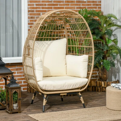 Outsunny Korbstuhl in Rattanoptik, weiche Sitzkissen, Aluminiumrahmen, khaki+beige, 105 x 90 x 148 cm