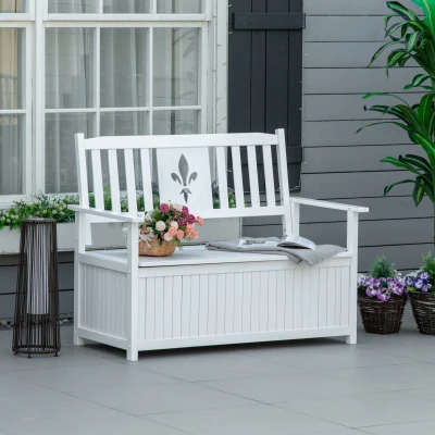 Outsunny Banco de Madera Maciza Exterior de 2 Plazas con Espacio de Almacenamiento y Tela Oxford Banco Arcón de Jardín Terraza con Reposabrazos Carga 250 kg 125x68,5x97 cm Blanco