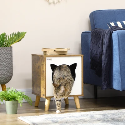 PawHut Casa de Madeira para Gatos Caverna para Gatos com Almofada Lavável e Pés Elevados 34x34x44, cm Marrom