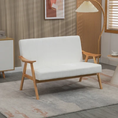 HOMCOM Sofá de 2 Lugares Moderno Estofado em Poliéster com Assento Acolchoado e Pés de Madeira 126x74x82 cm Creme