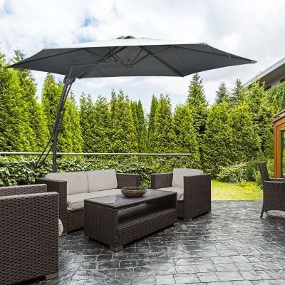 Outsunny 3m Cantilever Parasol with Easy Lever, Patio Umbrella with Crank Handle, Cross Base and 6 Metal Ribs, Outdoor Sun Shades for Garden 360° Rotating, Grey