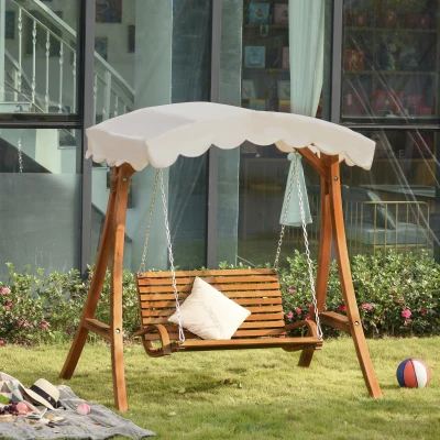 Outsunny 2 Seat Wooden Swing Chair Wood Swing Bench Chair With Canopy and Cup Holder for Patio Garden