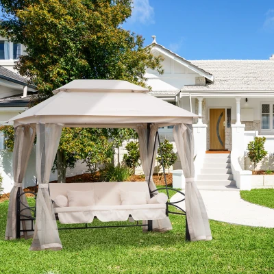 Outsunny 2-in-1 Convertible Swing Chair Bed 3 Seater Hammock Gazebo Patio Bench Cushioned Seat Mesh Curtains - Cream White