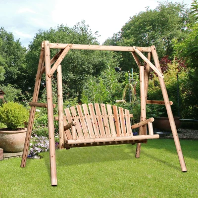 Outsunny Outdoor Garden Swing Loveseat 2 Person Rustic Freestanding Solid Natural Wood