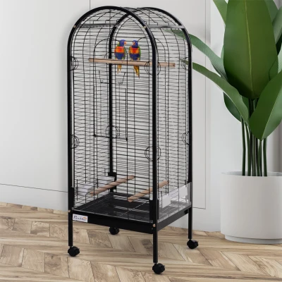 PawHut Gaiola para Pássaros com 3 Poleiros de Madeira Amovíveis Bandeja Comedouros e Rodas com Travão 54x54x151 cm Preto