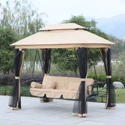 Outsunny 3 Seater Swing Chair 3-in-1 Convertible Garden Swing Seat Bed Gazebo Patio Bench Outdoor with Double Tier Canopy, Cushioned Seat, Mesh Sidewalls, Beige