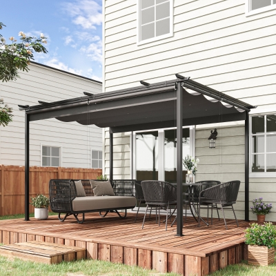 Outsunny Pérgola de Jardim com Teto Retrátil 4 Cortinas Enroláveis de Poliéster e Estrutura de Metal 3,95x2,95 cm Cinza Escuro