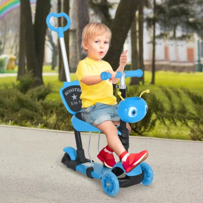 HOMCOM 5-in-1 Kinderroller Scooter Tretroller Cityroller Kinder Roller Kickboard Lenker Teleskoprohr höhenverstellbar Blau 62 x 25 x 72,5 cm
