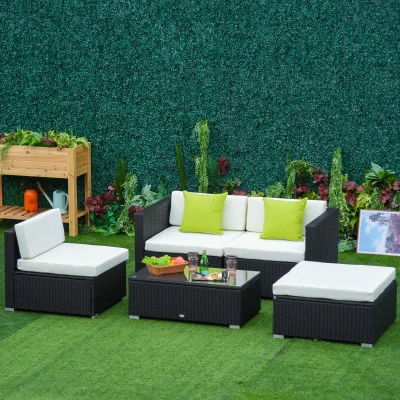 Outsunny 4-Seater Rattan Sofa Set Set Garden Outdoor Sectional Sofa Coffee Table Metal Frame w/Cushion Pillows-Black