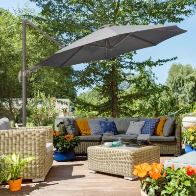 Outsunny 3(m) Cantilever Parasol with 360° Rotation Roma Umbrella, Hanging Sun Shade with Aluminium Frame, Tilt Crank, 8 Ribs and Cross Base, Dark Grey