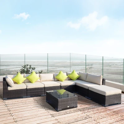 Outsunny 8 Pieces PE Rattan Corner Sofa Set with Thick Cushions, Aluminium Outdoor Rattan Garden Furniture Set with Glass Top Table, No Assembly Required, Mixed Brown