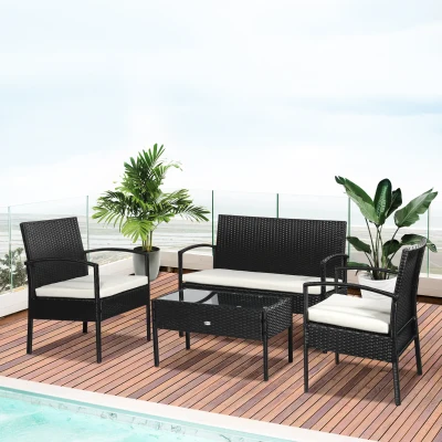 Outsunny Salon Jardin 4P Canapé/Fauteuils/Table Noir/Blanc