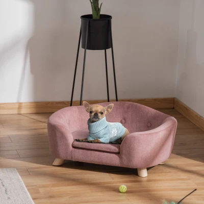 Sofa dla psa PawHut mata dla psa legowisko dla psa kanapa dla psa kota z poduszką tylna kieszeń plusz pianka drewno sosnowe kolor różowy 70 x 47 x 30 cm