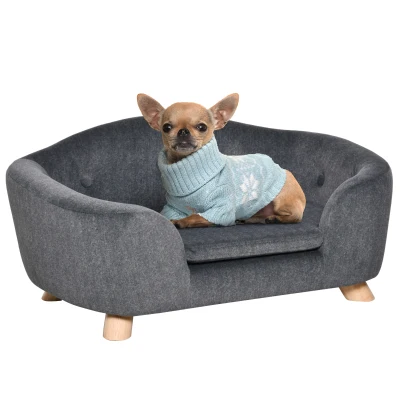 PawHut Haustiersofa Hundematte Hundebett Hundesofa Hundecouch Katzen Sofa mit Kissen Rückentasche Plüsch Schaumstoff Kiefernholz Dunkelgrau 70 x 47 x 30 cm