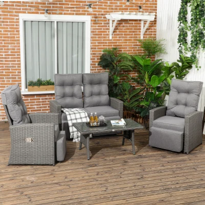 Outsunny 4 Piece Rattan Garden Furniture Sets - 4 Seater Outdoor Sofa Sectional with Wicker Sofa, Reclining Armchair, and Glass Table for Yard, Poolside, Grey
