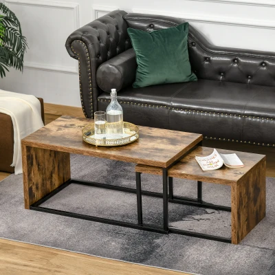 HOMCOM 2er-Set Couchtisch, Sofatisch, Beistelltisch, MDF, Metall, 90 x 48 x 42 cm/59 x 42 x 36 cm, Schwarz+Braun