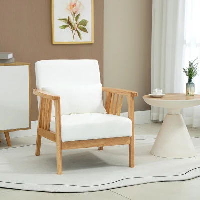 HOMCOM Poltrona de Estilo Nórdico Estofado em Veludo com Almofada e Pés de Madeira de Borracha 68x75x78 cm Creme e Madeira