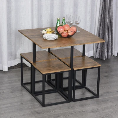 HOMCOM 5 Piece Dining Table and Chairs Set 4, Industrial Space Saving Table and Chairs with Metal Frame, Square Kitchen Table and Stools for Dining Room, Brown