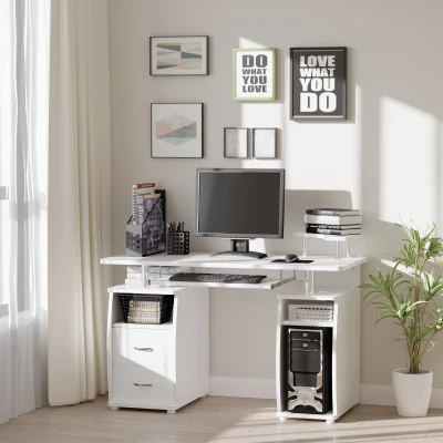 HOMCOM Computer Office Desk PC Table Workstation with  Keyboard Tray, Drawers, White