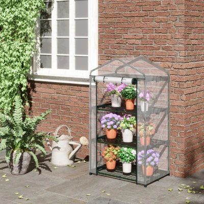 Outsunny 3 Tier Mini Greenhouse with Wire Shelves, Portable Garden Grow House with Roll-up Door, 69L x 49W x 125H cm, Clear