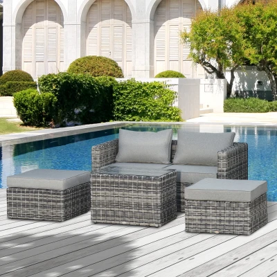 Outsunny 5 Pcs Rattan Garden Furniture with Tall Glass Top Coffee Table Thick Soft Washa Cushions for Patio Balcony Mixed Grey