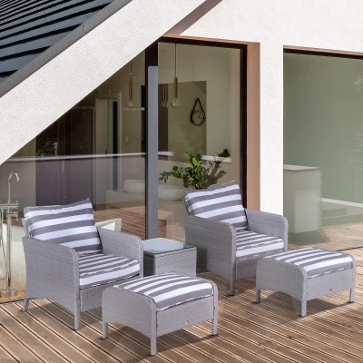 Outsunny 5 Pcs PE Rattan Garden Furniture Set, 2 Armchairs 2 Stools Glass Top Table Cushions Wicker Weave Chairs Outdoor Seating, Grey and White