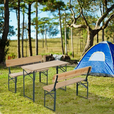 Outsunny 3pcs Wooden Bistro Set Fold-out Table and Benches with Backrest for Garden Patio