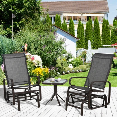 Outsunny 3 Pieces Garden Gliding Chair Set, Metal Frame 2 Single Armchair Swing Seater and 1 Glass Top Coffee Table w/ Breath Mesh Fabric Seat, Brown