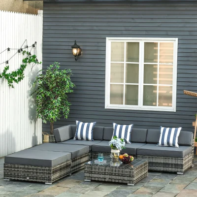 Outsunny 6 PC Rattan Sofa Coffee Table Set Sectional Wicker Weave Furniture for Garden Outdoor Conservatory w/Pillow Cushion Grey