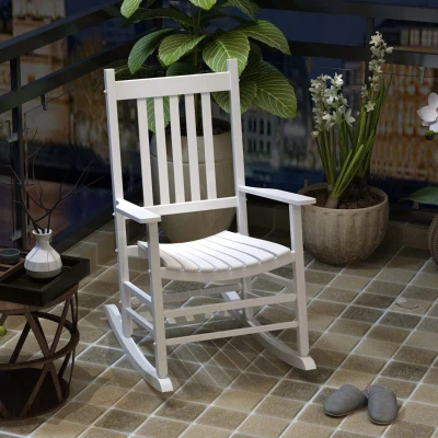 Outsunny Rocking Chair Garden Wooden Armchair with Slatted Backrest Garden Seat for Patio Porch Balcony Deck White