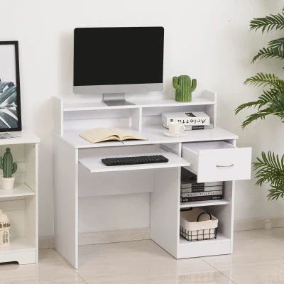 HOMCOM Modern Wooden Computer Desk Workstation with Keyboard Tray, Drawer & Monitor Stand for Home Office, Study