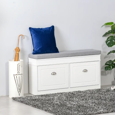HOMCOM Schuhregal, Schuhbank mit Kissen und 2 Kipper, Schuhkipper, Schuhtruhe, MDF, Polyester, Schaumstoff, Weiß+Grau, 104 x 24 x 55 cm