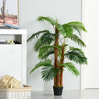Outsunny Planta Artificial Palmera Altura 120 cm Árbol Artificial con 3 Troncos y 19 Hojas para Decoración Hogar Oficina Ø16x120 cm Verde
