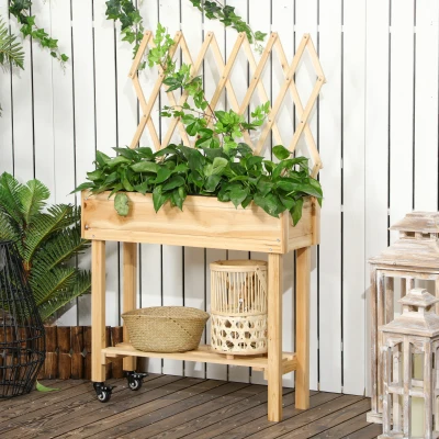 Outsunny Huerto Urbano Elevado de Madera con Celosía para Enredaderas y Ruedas para Plantas Flores 79x29x130 cm Natural