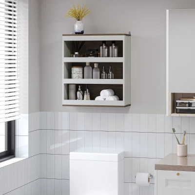 kleankin Armario de Baño de Pared Moderno Mueble Colgante Multifuncional con 3 Estantes 50x20x56 cm Blanco y Nogal