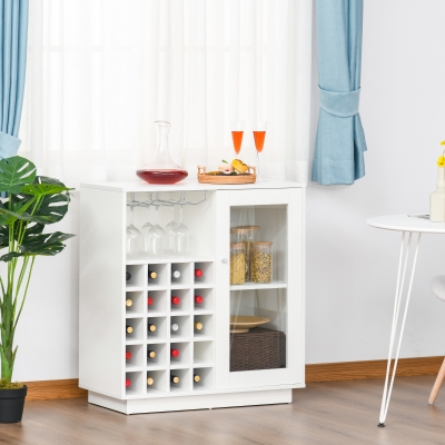 HOMCOM Aparador de Cocina con Botellero para 20 Botellas Armario Auxiliar con 1 Puerta de Cristal Estantes y Soporte de Copas de Vino para Comedor Bar 80x36x85 cm Blanco