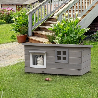 PawHut Kattenhuis Kattenhuis Kattengrot Klein Dierenhuis met Raam voor Katten Honden Sparhout Grijs Zwart 87 cm x 52 cm x 48 cm