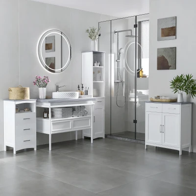 kleankin Badezimmerschrank Freistehender Bademöbel Badschrank Schrank mit Schublade Weiß+Grau 68 x 33 x 76 cm