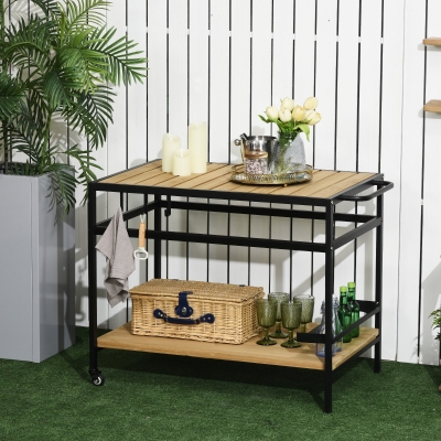 Outsunny Wózek Serwisowy w Designie Przemysłowym, Odporny na Warunki Atmosferyczne, 3 Haki, 1 Półka,107 cm x 65 cm x 80 cm, Czarny + Naturalny