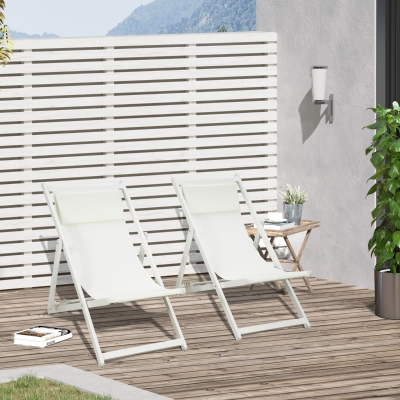 Outsunny Conjunto de 2 Espreguiçadeiras Dobráveis com Encosto Reclinável em 5 Posições e Apoio para a Cabeça 58x96,5x91,5 cm Branco