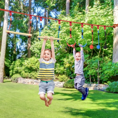 Outsunny Carrera de Obstáculos Ninja para Patio de Niños Slackline de 10 m con Barras de Mono Anillos de Gimnasia Protector de Árboles