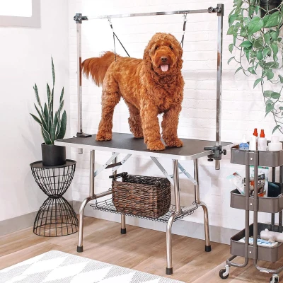 PawHut 42" Dog Grooming Table, Adjustable Pet Cat Drying Beauty Table with 2 Loops Storage Basket, Rubber Top, Black