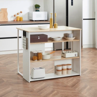 HOMCOM Ilha de Cozinha Moderna com 3 Prateleiras Abertas Suporte para Facas Microondas e Estrutura de Aço 105x65x90 cm Carvalho