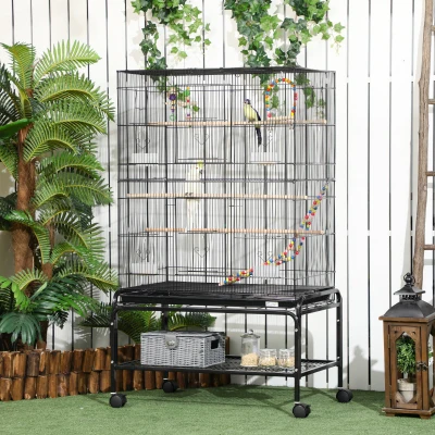 PawHut Gaiola para Pássaros com Rodas com 4 Comedouros 3 Poleiros Brinquedos Bandeja Amovível e Prateleira 79x49x133 cm Preto