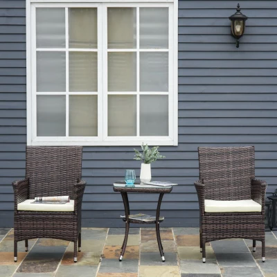 Outsunny Three-Piece Rattan Chair Set, with Cushions - Brown